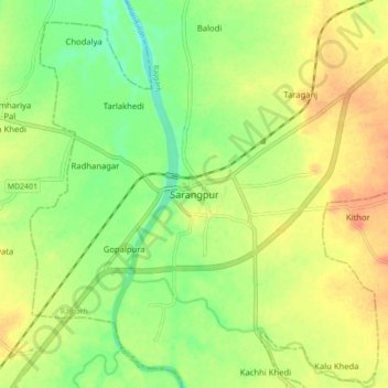 Mapa topográfico Sarangpur, altitud, relieve