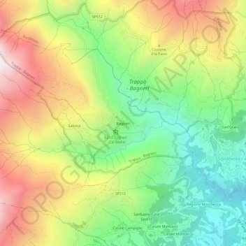 Mapa topográfico Bagneri, altitud, relieve