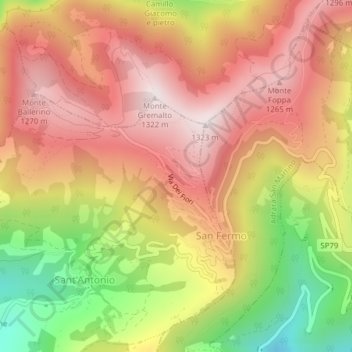 Mapa topográfico Colli di San Fermo, altitud, relieve
