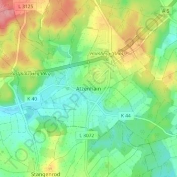 Mapa topográfico Atzenhain, altitud, relieve
