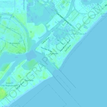 Mapa topográfico Surfside, altitud, relieve
