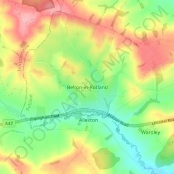 Mapa topográfico Belton-in-Rutland, altitud, relieve