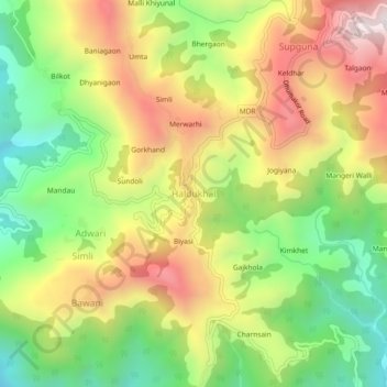Mapa topográfico Haldukhal, altitud, relieve