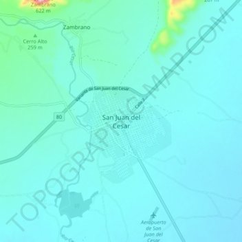 Mapa topográfico San Juan del Cesar, altitud, relieve