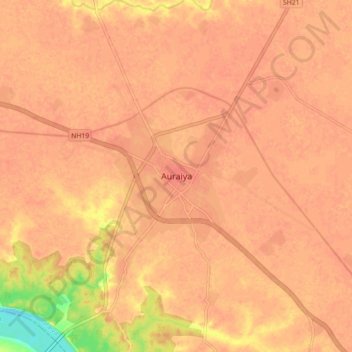 Mapa topográfico Auraiya, altitud, relieve