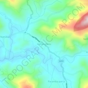 Mapa topográfico Vallikkadavu, altitud, relieve