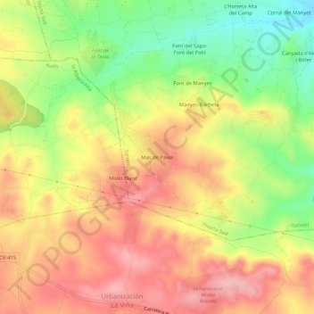 Mapa topográfico Mas de Pavia, altitud, relieve