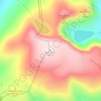 Mapa topográfico Mangerton, altitud, relieve