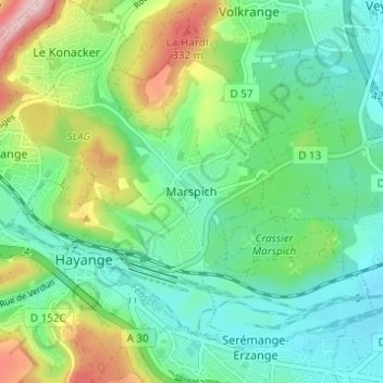 Mapa topográfico Marspich, altitud, relieve