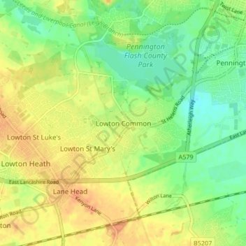 Mapa topográfico Lowton Common, altitud, relieve