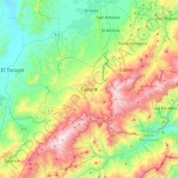 Mapa topográfico Sanare, altitud, relieve