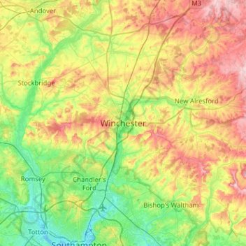 Mapa topográfico Winchester, altitud, relieve