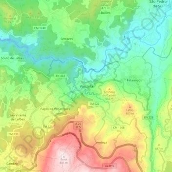 Mapa topográfico Vouzela, altitud, relieve