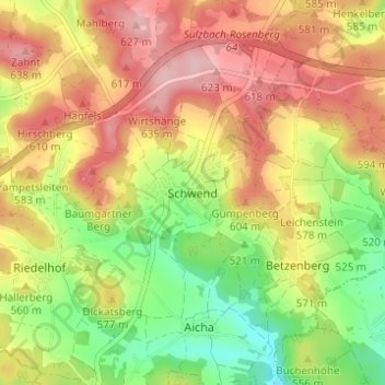 Mapa topográfico Schwend, altitud, relieve