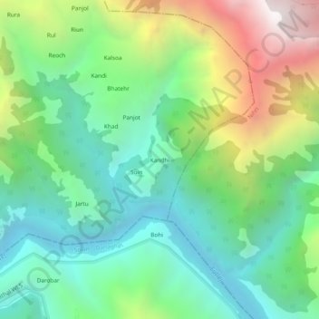Mapa topográfico Kandhi, altitud, relieve