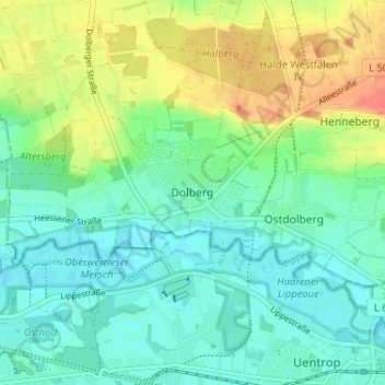 Mapa topográfico Dolberg, altitud, relieve