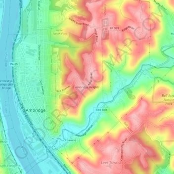 Mapa topográfico Ambridge Heights, altitud, relieve