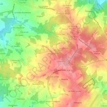 Mapa topográfico Vergne Blanche, altitud, relieve
