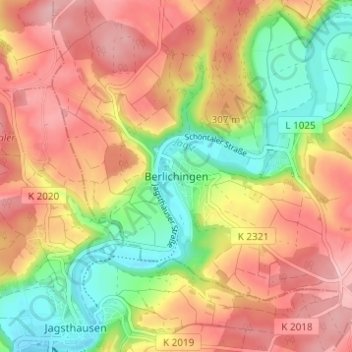 Mapa topográfico Berlichingen, altitud, relieve