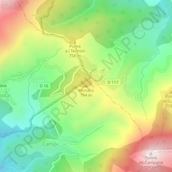 Mapa topográfico Monaco, altitud, relieve
