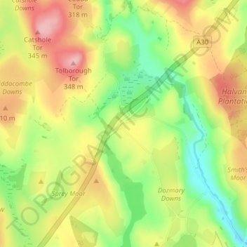 Mapa topográfico Bolventor, altitud, relieve