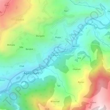Mapa topográfico Baniyari, altitud, relieve