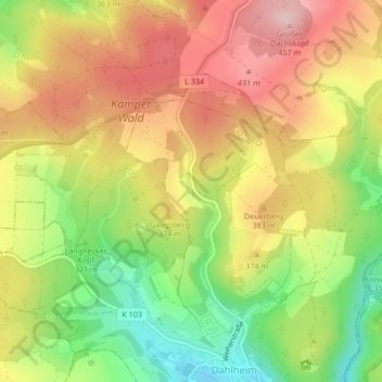 Mapa topográfico Derbach, altitud, relieve