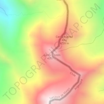 Mapa topográfico Cerro Pastén, altitud, relieve