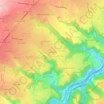 Mapa topográfico Charentelas, altitud, relieve