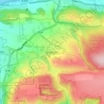Mapa topográfico Shipham, altitud, relieve
