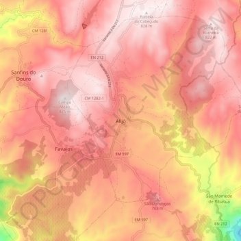 Mapa topográfico Alijó, altitud, relieve