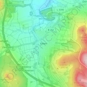 Mapa topográfico Ehlen, altitud, relieve