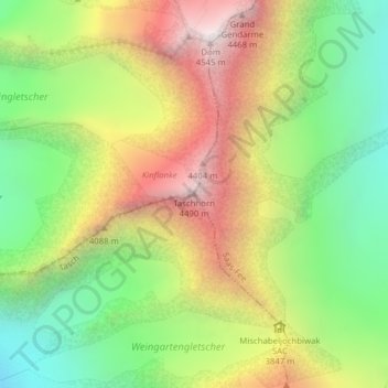 Mapa topográfico Täschhorn, altitud, relieve