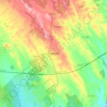 Mapa topográfico Alandroal, altitud, relieve
