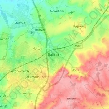 Mapa topográfico Baldock, altitud, relieve