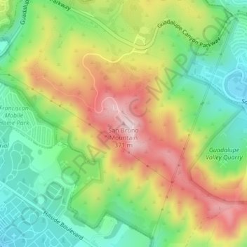 Mapa topográfico San Bruno Mountain, altitud, relieve