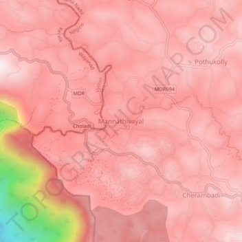 Mapa topográfico Mannathivayal, altitud, relieve