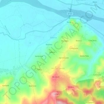 Mapa topográfico Calliano, altitud, relieve