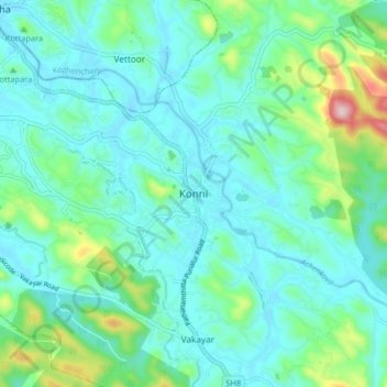 Mapa topográfico Konni, altitud, relieve