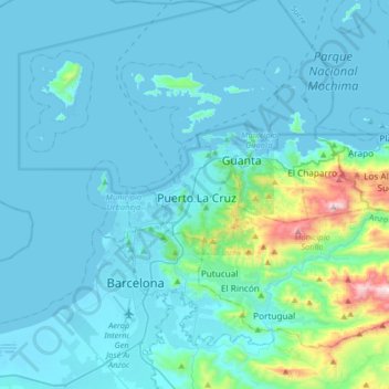 Mapa topográfico Puerto La Cruz, altitud, relieve