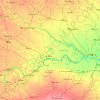 Mapa topográfico Ballia, altitud, relieve