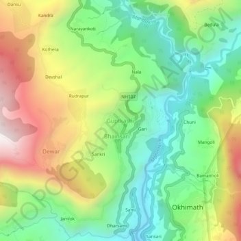 Mapa topográfico Guptkashi, altitud, relieve