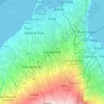 Mapa topográfico Dasmariñas, altitud, relieve
