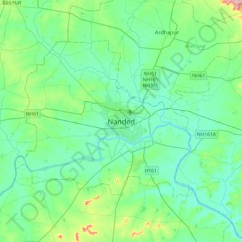 Mapa topográfico Nanded, altitud, relieve