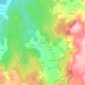 Mapa topográfico Dumbría, altitud, relieve