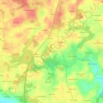 Mapa topográfico Kervossic, altitud, relieve