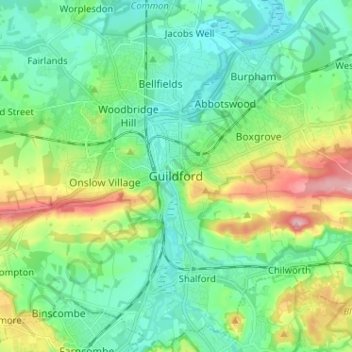 Mapa topográfico Guildford, altitud, relieve