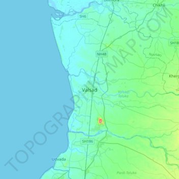 Mapa topográfico Valsad, altitud, relieve