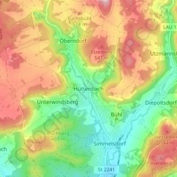 Mapa topográfico Hüttenbach, altitud, relieve