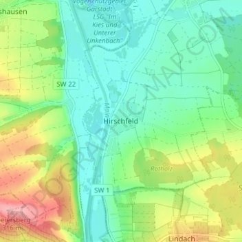 Mapa topográfico Hirschfeld, altitud, relieve